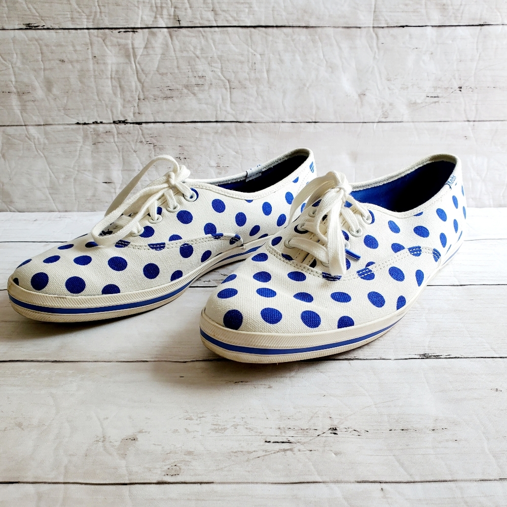 Kate Spade for Keds tennis shoes polka dot canvas lace up white blue sz 9.5